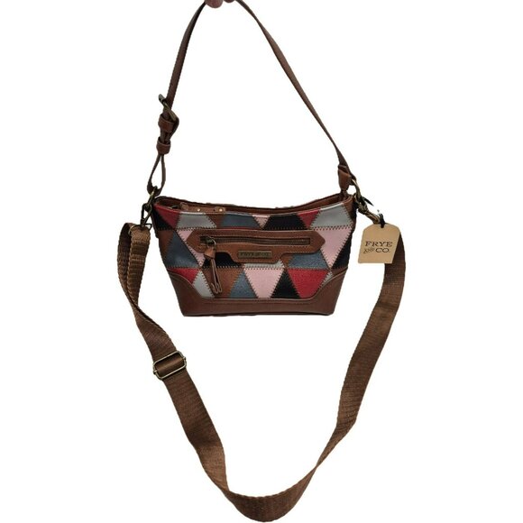 Frye & Co. Geometric Patchwork Leather Crossbody Shoulderbag Purse Brown Brass - Picture 1 of 14